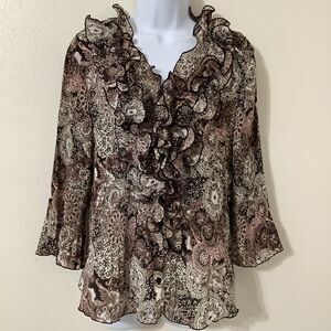 Vintage Y2K Ruffle Brown Fairycore Artsy Fairy Boho Colorful Crinkle Top Medium